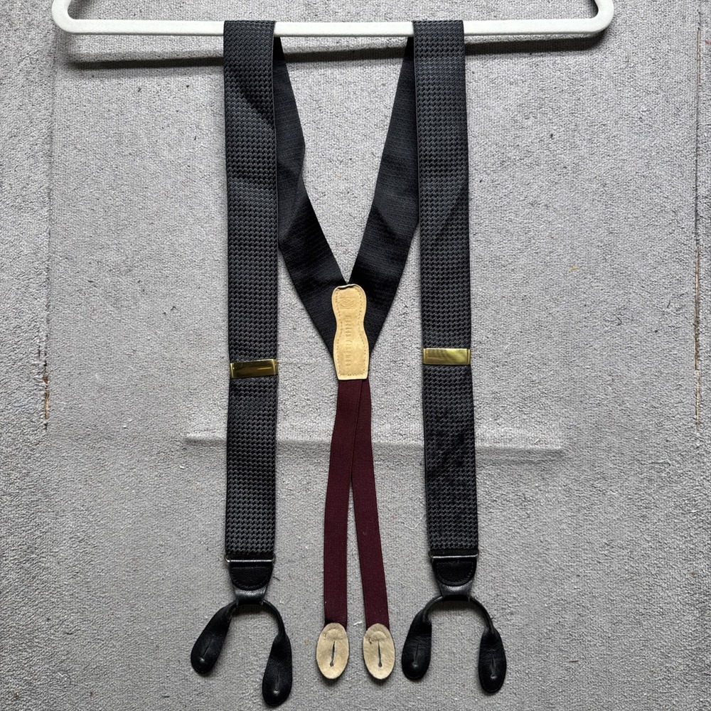 Martin Dingman Leather Button Suspenders Solid Brass Hardware Mens Gray